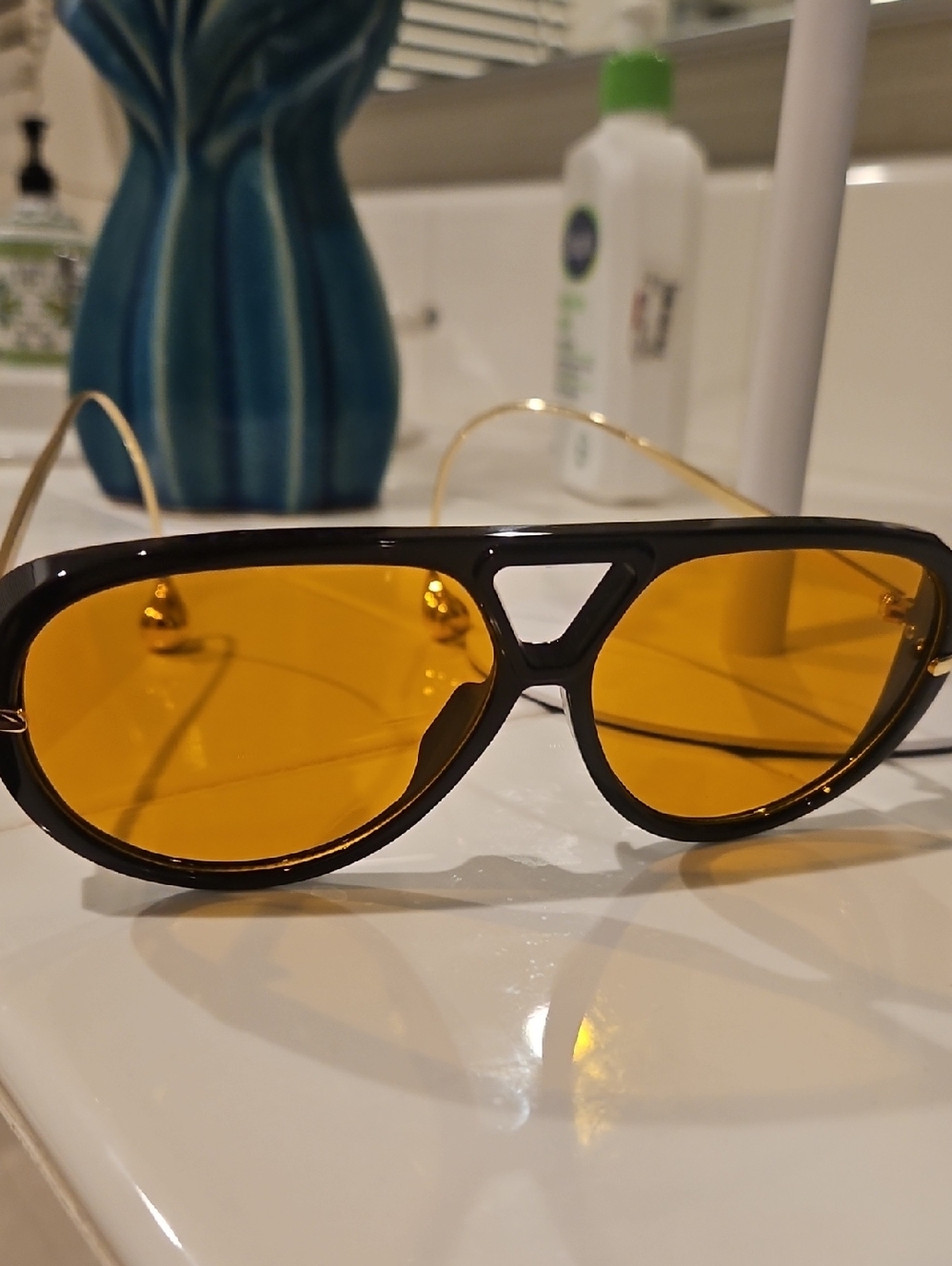 Black Frame Sunglasses with Amber Yellow Lenses - Picture 6 of 7